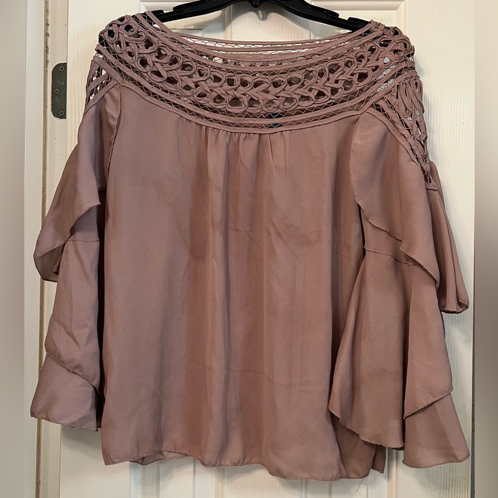 Taupe Lace shoulder ruffle sleeve top